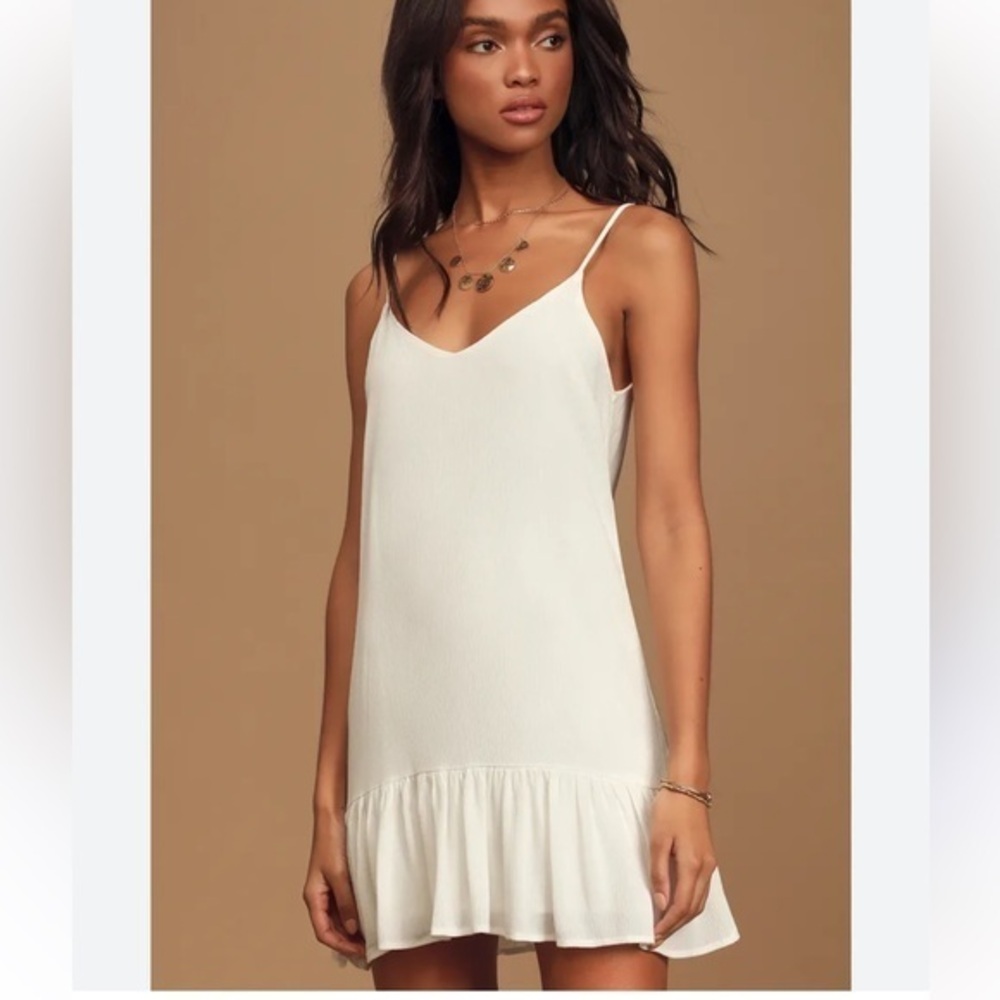 Lulu’s Garden Bloom white mini ruffle shift dress